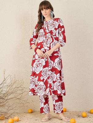 Floral Printed Pleated Mandarin Collar Pure Cotton A-Line Kurta with Trousers 1