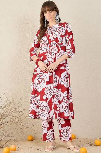 Floral Printed Pleated Mandarin Collar Pure Cotton A-Line Kurta with Trousers