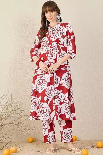 Floral Printed Pleated Mandarin Collar Pure Cotton A-Line Kurta with Trousers