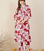 Floral Printed Pleated Mandarin Collar Pure Cotton A-Line Kurta with Trousers
