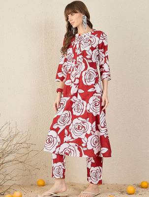 Floral Printed Pleated Mandarin Collar Pure Cotton A-Line Kurta with Trousers 3