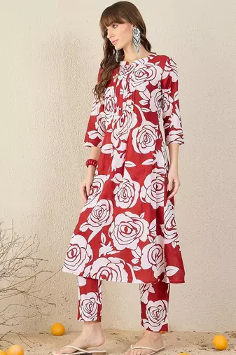 Floral Printed Pleated Mandarin Collar Pure Cotton A-Line Kurta with Trousers