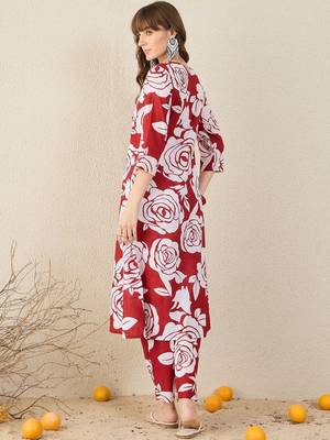 Floral Printed Pleated Mandarin Collar Pure Cotton A-Line Kurta with Trousers 4