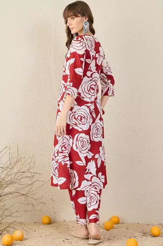 Floral Printed Pleated Mandarin Collar Pure Cotton A-Line Kurta with Trousers
