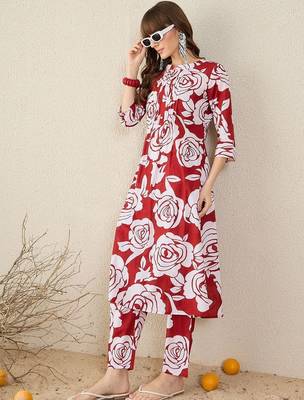 Floral Printed Pleated Mandarin Collar Pure Cotton A-Line Kurta with Trousers 5