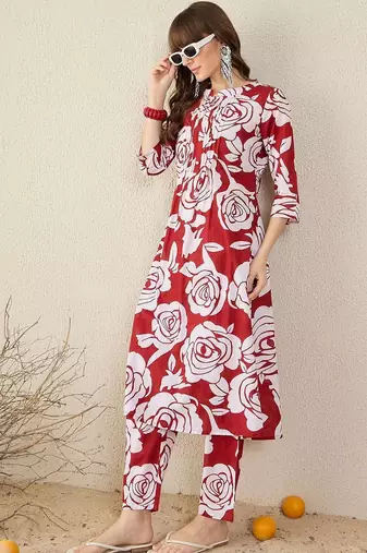 Floral Printed Pleated Mandarin Collar Pure Cotton A-Line Kurta with Trousers