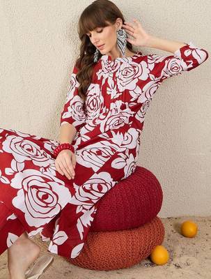 Floral Printed Pleated Mandarin Collar Pure Cotton A-Line Kurta with Trousers 6