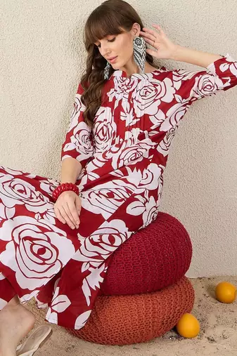 Floral Printed Pleated Mandarin Collar Pure Cotton A-Line Kurta with Trousers