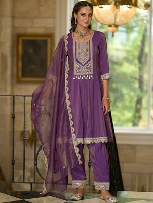 Ethnic Motifs Embroidered A-Line Sequinned Kurta With Trousers & Dupatta 1