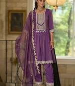 Ethnic Motifs Embroidered A-Line Sequinned Kurta With Trousers & Dupatta