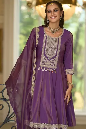 Ethnic Motifs Embroidered A-Line Sequinned Kurta With Trousers & Dupatta
