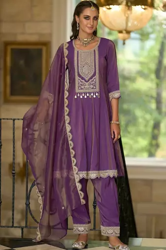 Ethnic Motifs Embroidered A-Line Sequinned Kurta With Trousers & Dupatta