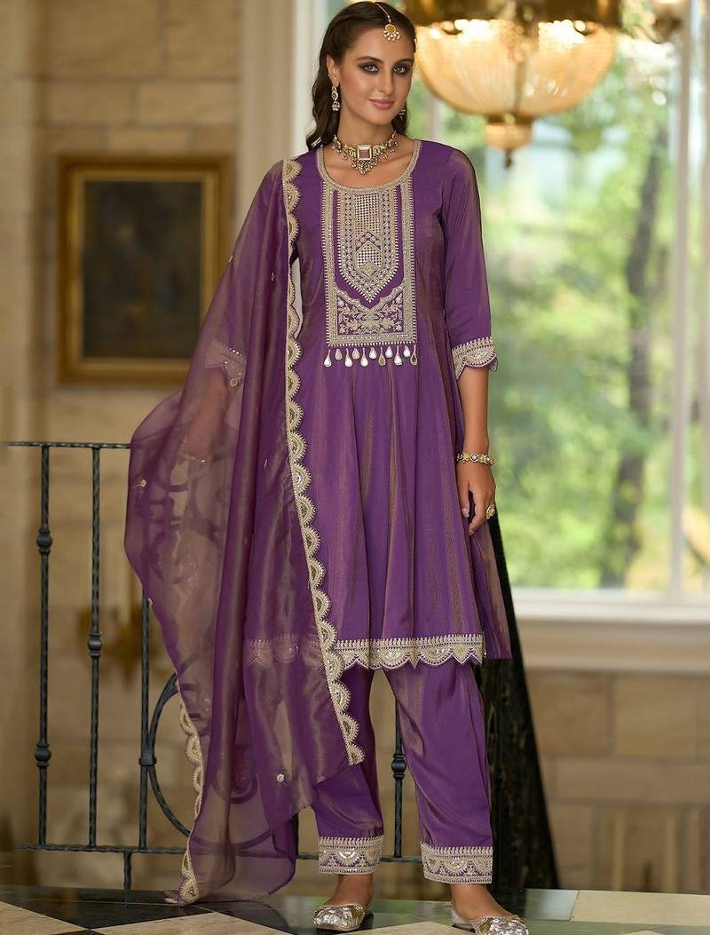 Ethnic Motifs Embroidered A-Line Sequinned Kurta With Trousers & Dupatta