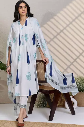 Women Ethnic Motifs Printed Regular Pure Cotton Kurta with Trousers & With Dupatta