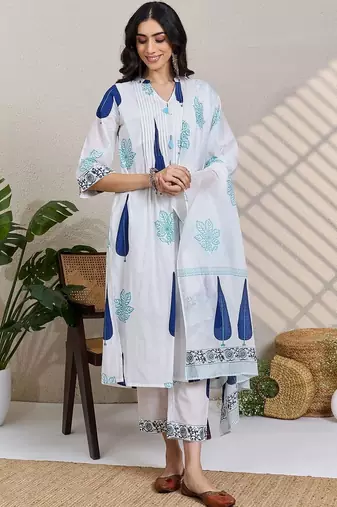 Women Ethnic Motifs Printed Regular Pure Cotton Kurta with Trousers & With Dupatta