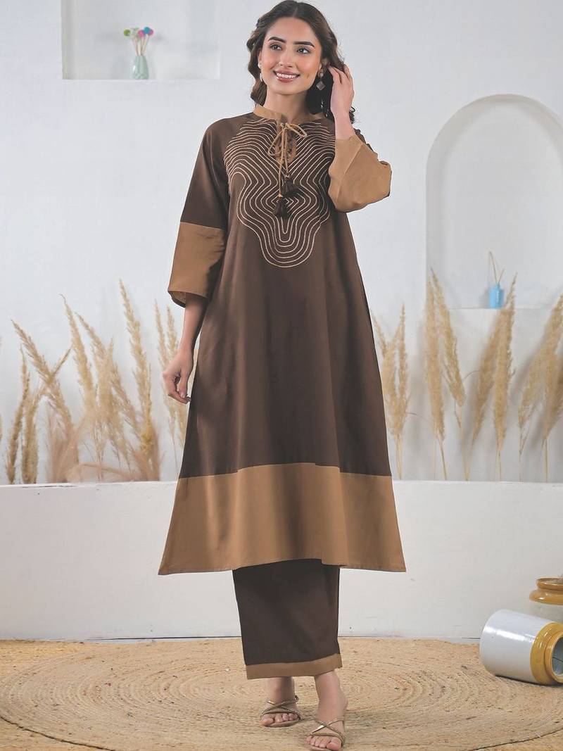 Embroidered A-Line Pure Cotton Kurta With Palazzos