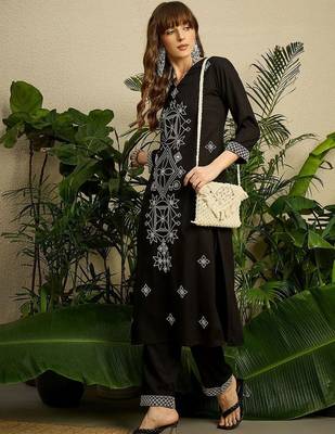 Women Embroidered Regular Black Thread Work Kurta with Trousers 1
