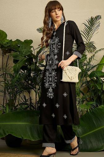 Women Embroidered Regular Black Thread Work Kurta with Trousers