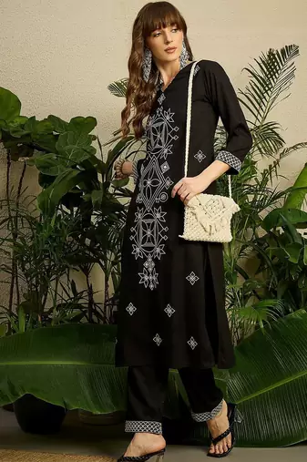 Women Embroidered Regular Black Thread Work Kurta with Trousers