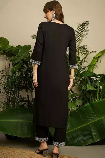 Women Embroidered Regular Black Thread Work Kurta with Trousers