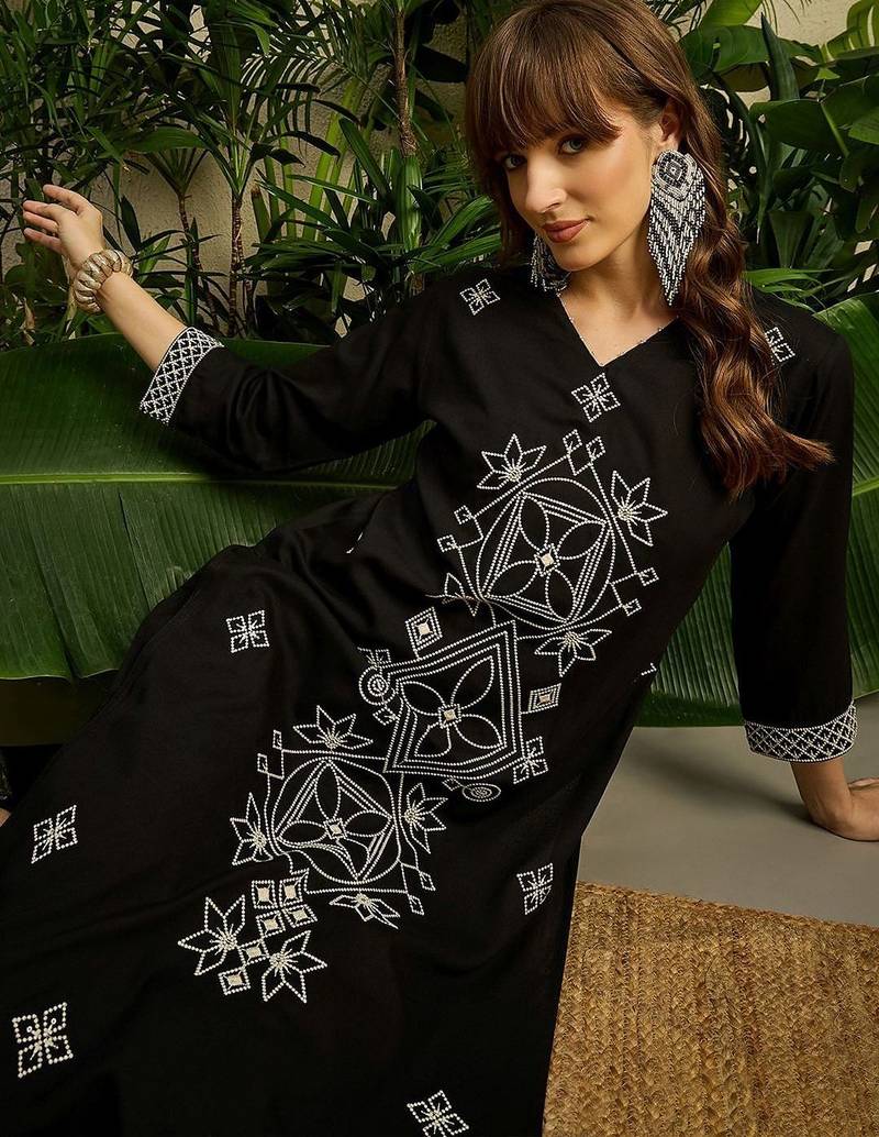 Women Embroidered Regular Black Thread Work Kurta with Trousers
