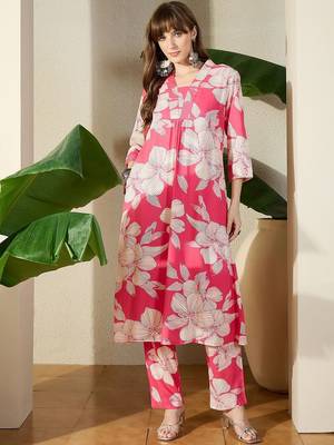 Women Pink Printed A-Line Kurta Trousers Set 1
