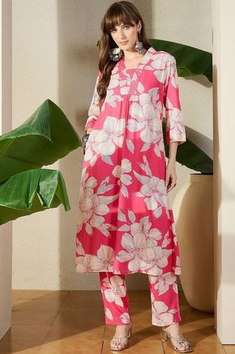 Women Pink Printed A-Line Kurta Trousers Set