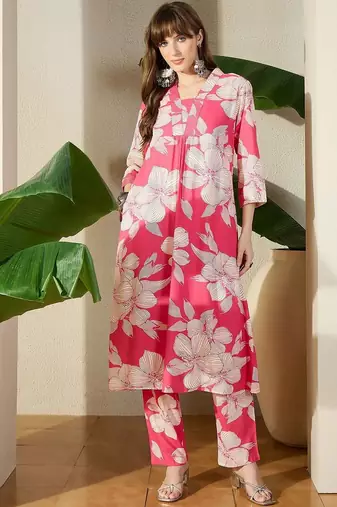 Women Pink Printed A-Line Kurta Trousers Set