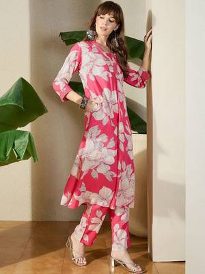Women Pink Printed A-Line Kurta Trousers Set 3