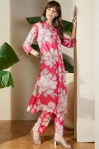 Women Pink Printed A-Line Kurta Trousers Set