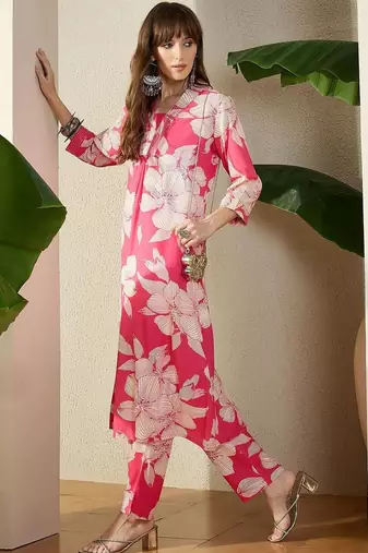 Women Pink Printed A-Line Kurta Trousers Set