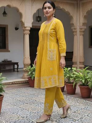 Women Ethnic Motifs Embroidered Pure Cotton Kurta with Trousers 3