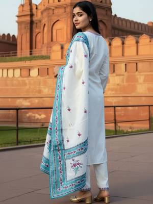 Women Embroidered Thread Work Pure Cotton Kurta with Trousers & With Dupatta 3