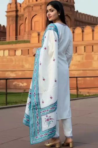 Women Embroidered Thread Work Pure Cotton Kurta with Trousers & With Dupatta