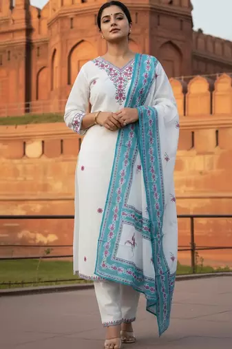 Women Embroidered Thread Work Pure Cotton Kurta with Trousers & With Dupatta
