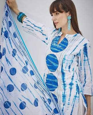 Tie And Dye Screen Technique Pure Cotton Kurta With Trousers & Dupatta 1