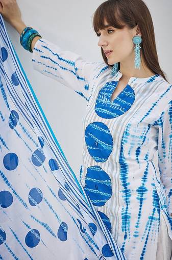 Tie And Dye Screen Technique Pure Cotton Kurta With Trousers & Dupatta