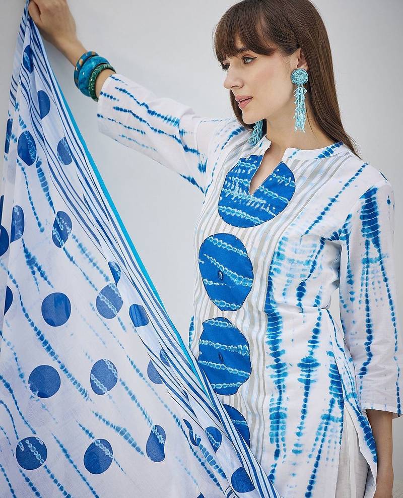 Tie And Dye Screen Technique Pure Cotton Kurta With Trousers & Dupatta