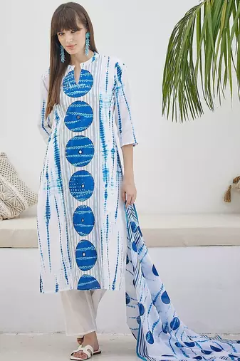 Tie And Dye Screen Technique Pure Cotton Kurta With Trousers & Dupatta