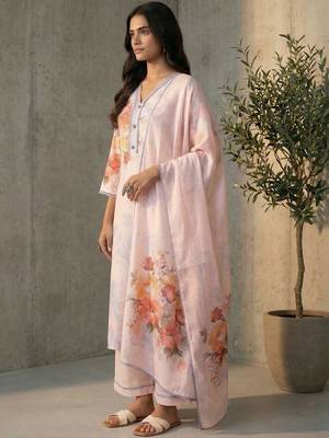Women Floral Printed Regular Linen Kurta with Trousers & With Dupatta 1