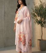 Women Floral Printed Regular Linen Kurta with Trousers & With Dupatta