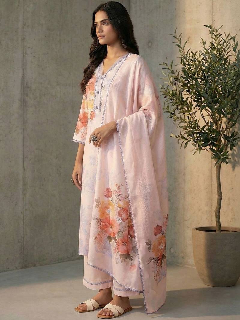 Women Floral Printed Regular Linen Kurta with Trousers & With Dupatta