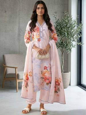 Women Floral Printed Regular Linen Kurta with Trousers & With Dupatta 2