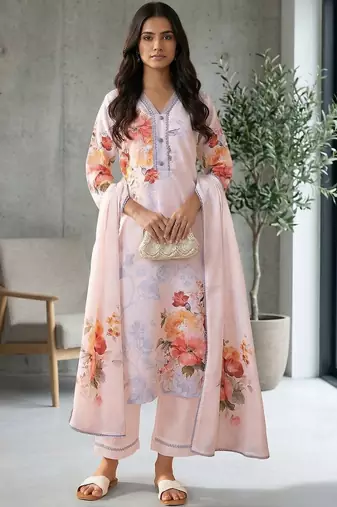 Women Floral Printed Regular Linen Kurta with Trousers & With Dupatta