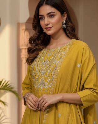 Women Ethnic Motifs Embroidered Panelled Thread Work Kurta with Trousers & With Dupatta 1