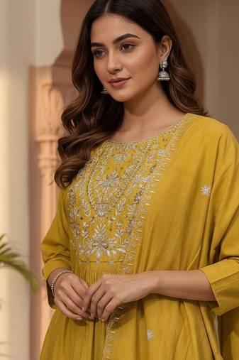 Women Ethnic Motifs Embroidered Panelled Thread Work Kurta with Trousers & With Dupatta