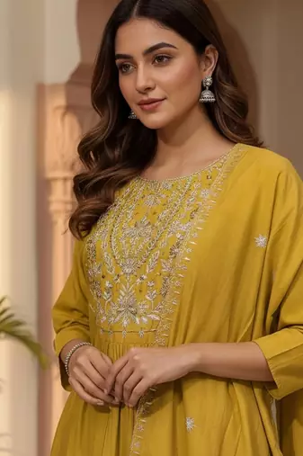Women Ethnic Motifs Embroidered Panelled Thread Work Kurta with Trousers & With Dupatta