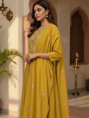 Women Ethnic Motifs Embroidered Panelled Thread Work Kurta with Trousers & With Dupatta 3