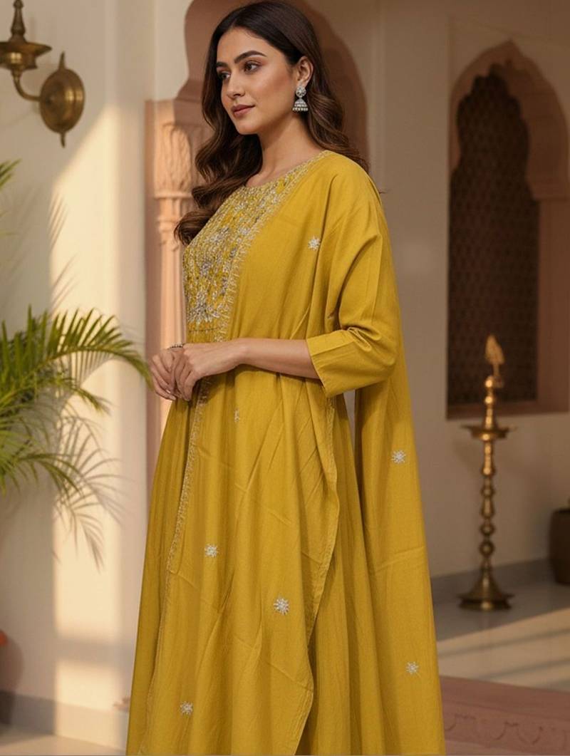 Women Ethnic Motifs Embroidered Panelled Thread Work Kurta with Trousers & With Dupatta