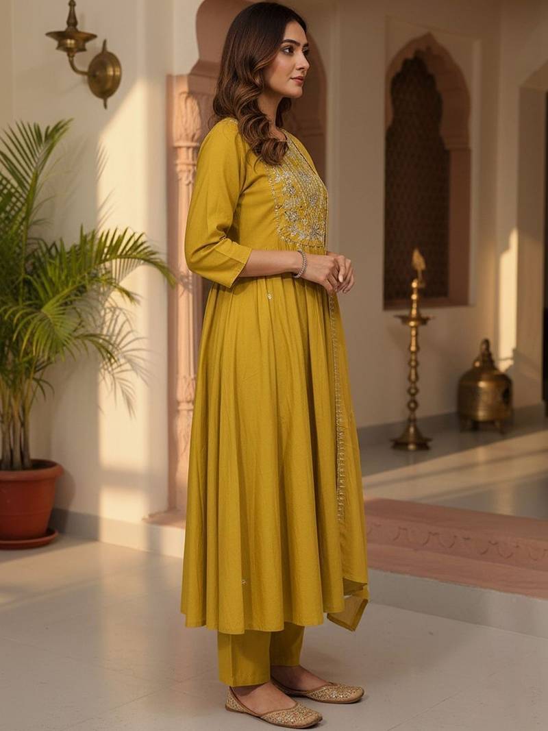 Women Ethnic Motifs Embroidered Panelled Thread Work Kurta with Trousers & With Dupatta